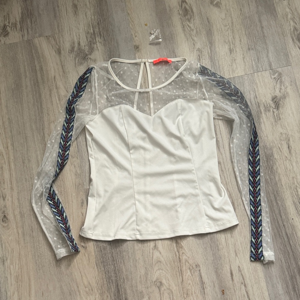 Lulumari White Blouse with Sheer Patterned Sleeves